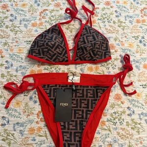 Fendi Brown FF Monogram Bikini with Red Trim